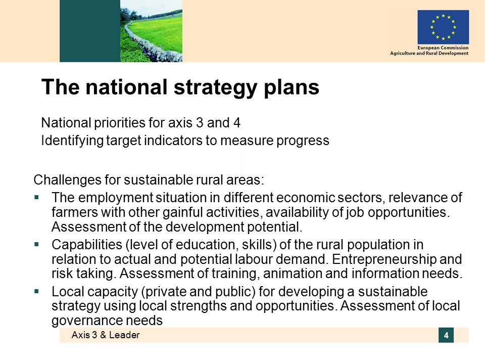 Axis 3 & Leader 4 The national strategy plans Challenges for sustainable rural areas:  The employment situation in different economic sectors, relevance of farmers with other gainful activities, availability of job opportunities.