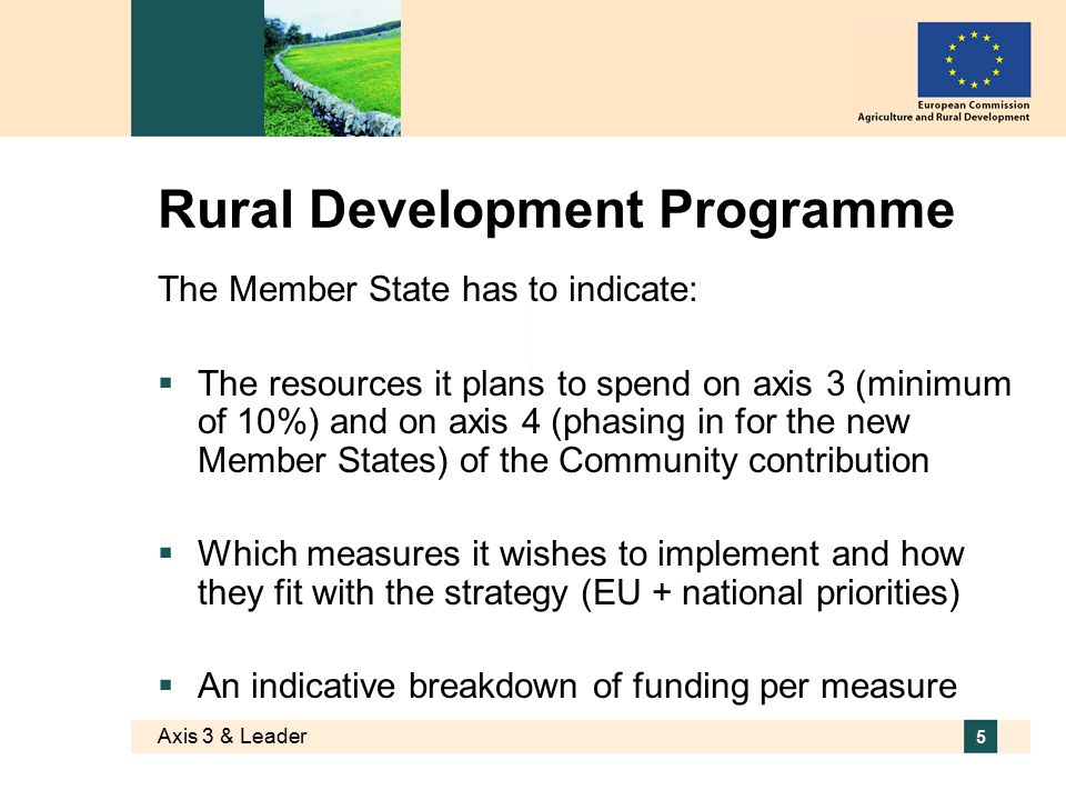 Axis 3 & Leader 5 Rural Development Programme The Member State has to indicate:  The resources it plans to spend on axis 3 (minimum of 10%) and on axis 4 (phasing in for the new Member States) of the Community contribution  Which measures it wishes to implement and how they fit with the strategy (EU + national priorities)  An indicative breakdown of funding per measure