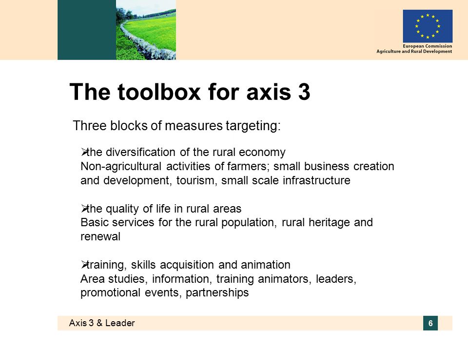 Axis 3 & Leader 6 The toolbox for axis 3 Three blocks of measures targeting:  the diversification of the rural economy Non-agricultural activities of farmers; small business creation and development, tourism, small scale infrastructure  the quality of life in rural areas Basic services for the rural population, rural heritage and renewal  training, skills acquisition and animation Area studies, information, training animators, leaders, promotional events, partnerships