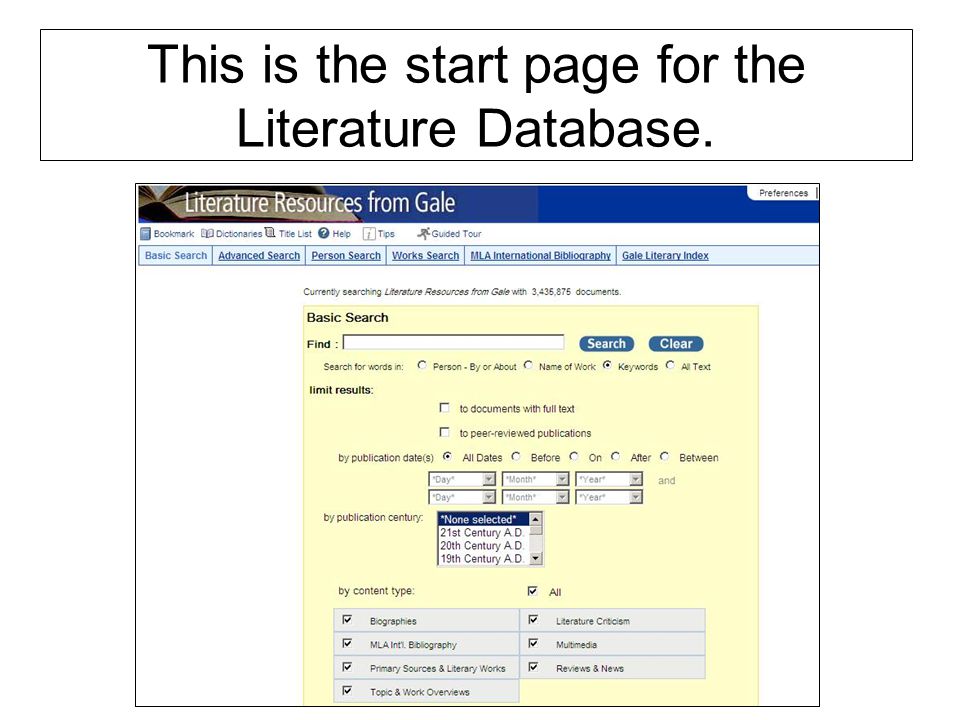This is the start page for the Literature Database.