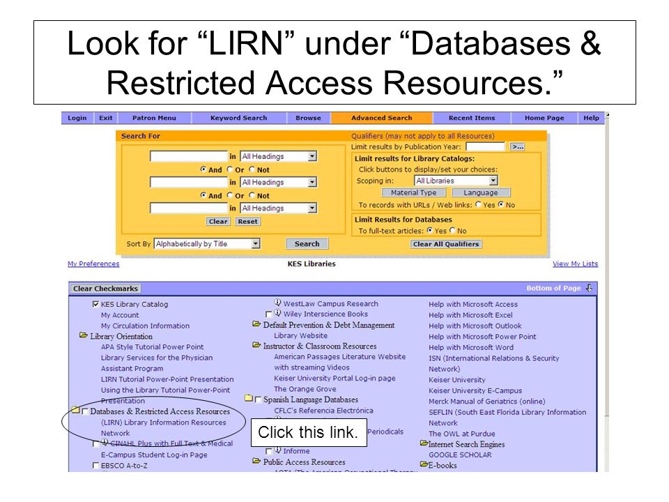 Look for LIRN under Databases & Restricted Access Resources. Click this link.