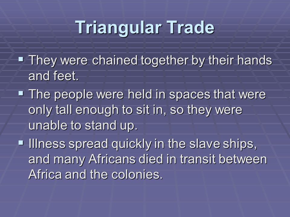 Triangular Trade  They were chained together by their hands and feet.