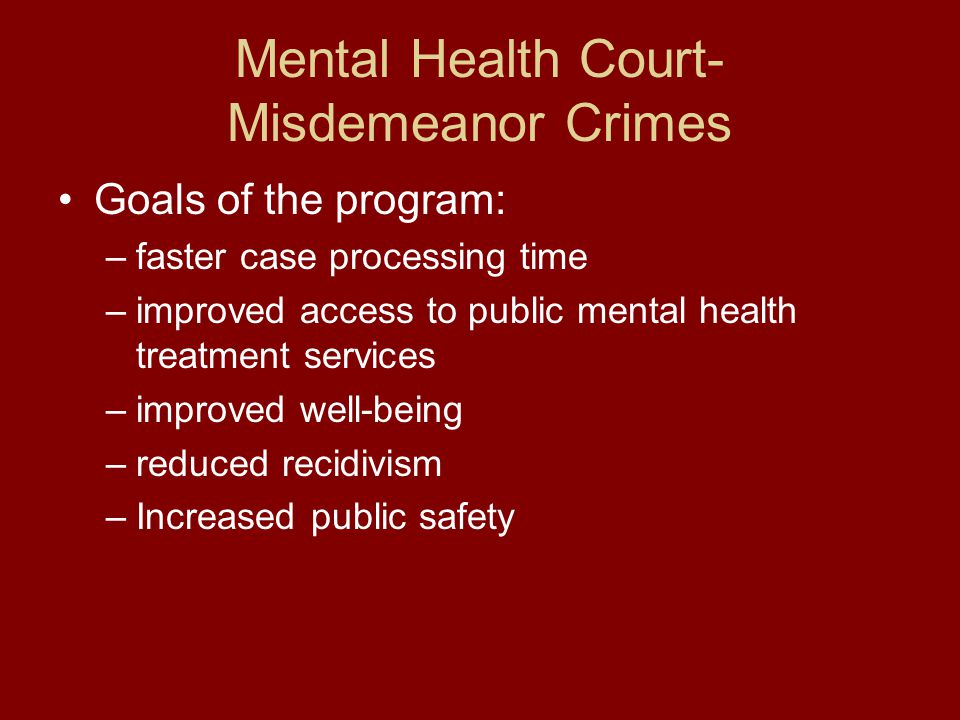 Mental Health Court- Misdemeanor Crimes Goals of the program: –faster case processing time –improved access to public mental health treatment services –improved well-being –reduced recidivism –Increased public safety