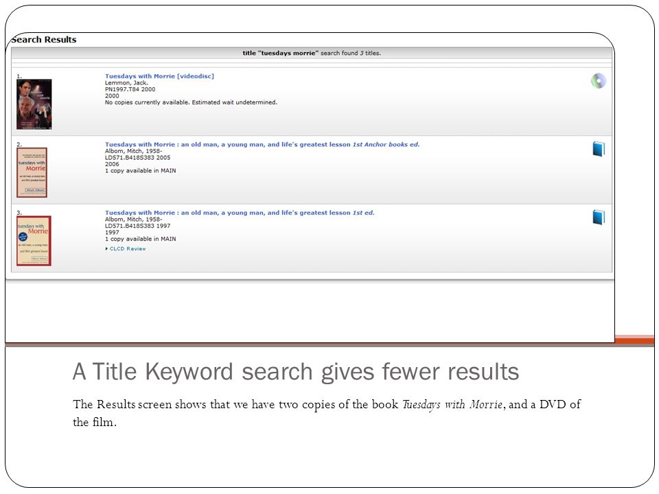 A Title Keyword search gives fewer results The Results screen shows that we have two copies of the book Tuesdays with Morrie, and a DVD of the film.