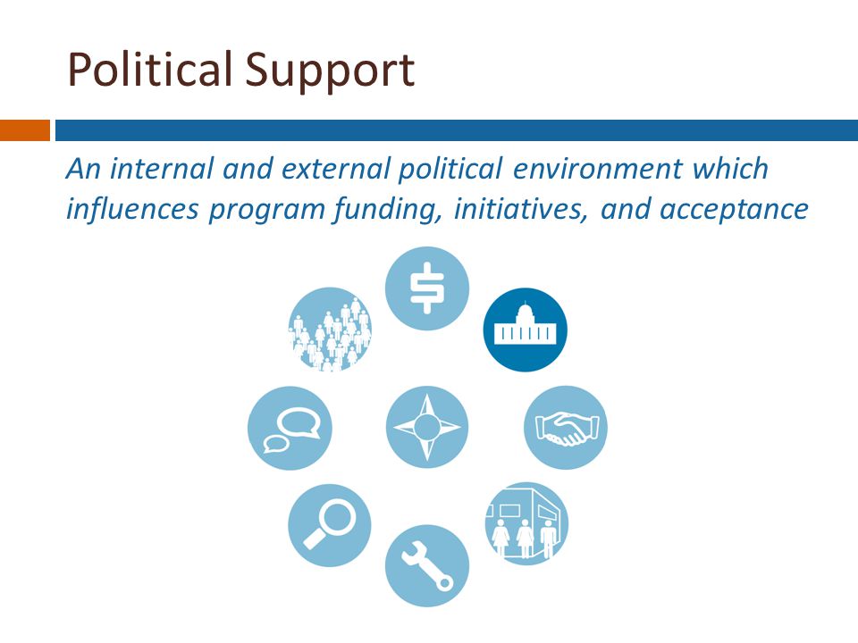 Political Support An internal and external political environment which influences program funding, initiatives, and acceptance Funding Stability Political Support