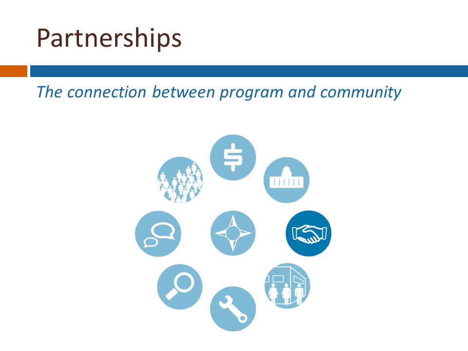 Partnerships The connection between program and community Funding Stability Political Support Partnerships