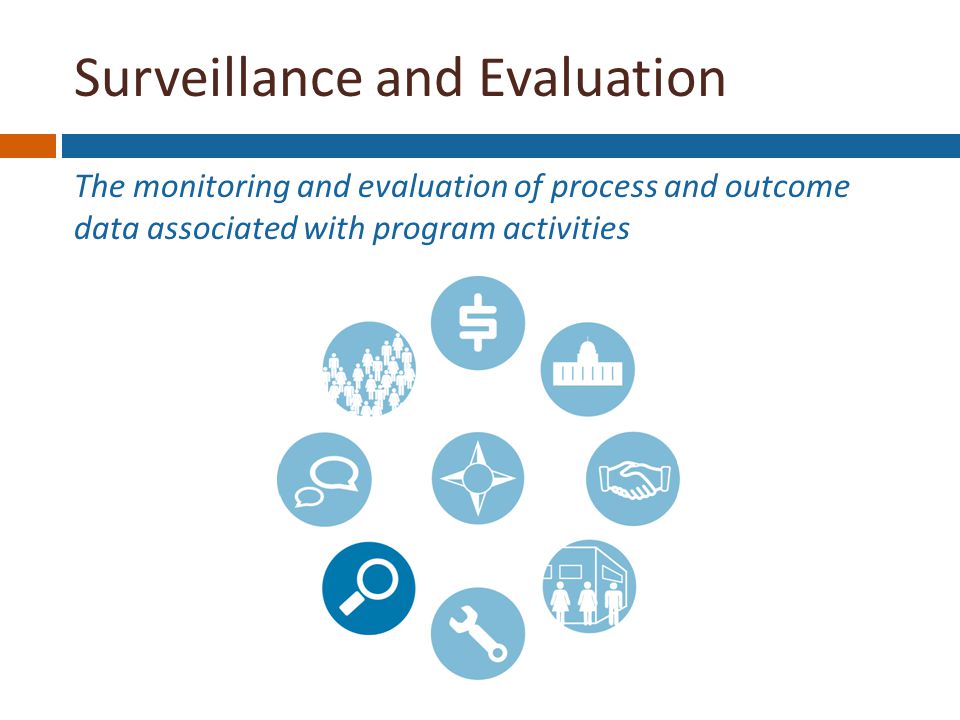 Surveillance and Evaluation The monitoring and evaluation of process and outcome data associated with program activities Funding Stability Political Support Partnerships Organizational Capacity Program Improvement Surveillance & Evaluation
