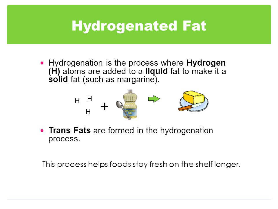 Hydrogenated Fat Hydrogenation is the process where Hydrogen (H) atoms are added to a liquid fat to make it a solid fat (such as margarine).