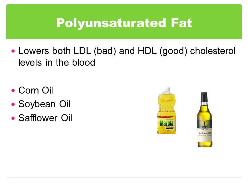 Polyunsaturated Fat Lowers both LDL (bad) and HDL (good) cholesterol levels in the blood Corn Oil Soybean Oil Safflower Oil
