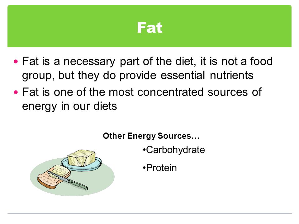 Fat Fat is a necessary part of the diet, it is not a food group, but they do provide essential nutrients Fat is one of the most concentrated sources of energy in our diets Other Energy Sources… Carbohydrate Protein