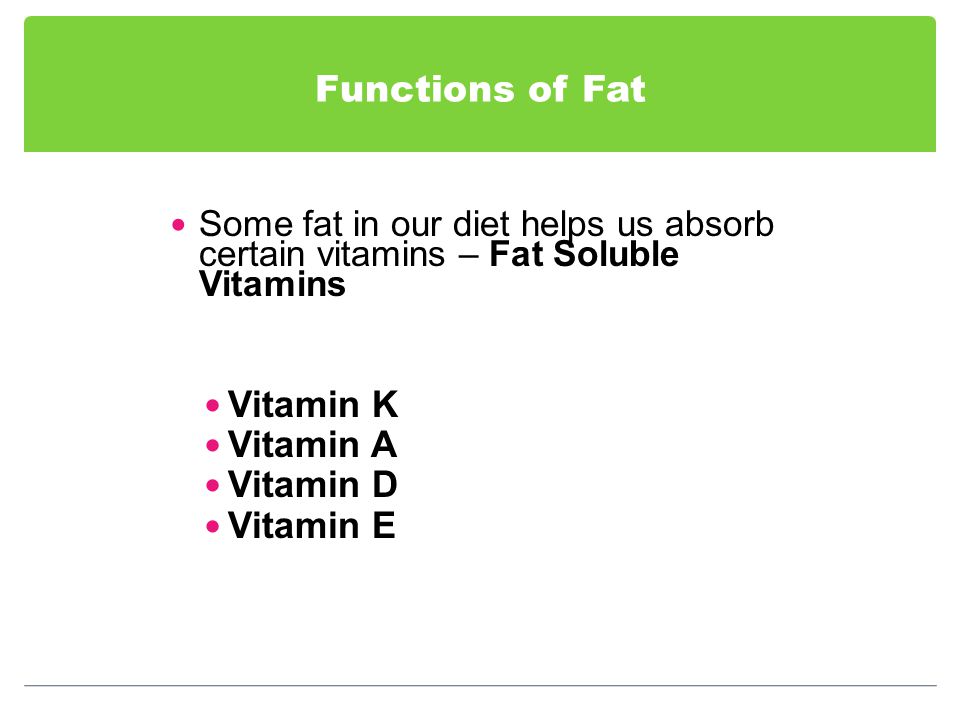 Functions of Fat Some fat in our diet helps us absorb certain vitamins – Fat Soluble Vitamins Vitamin K Vitamin A Vitamin D Vitamin E