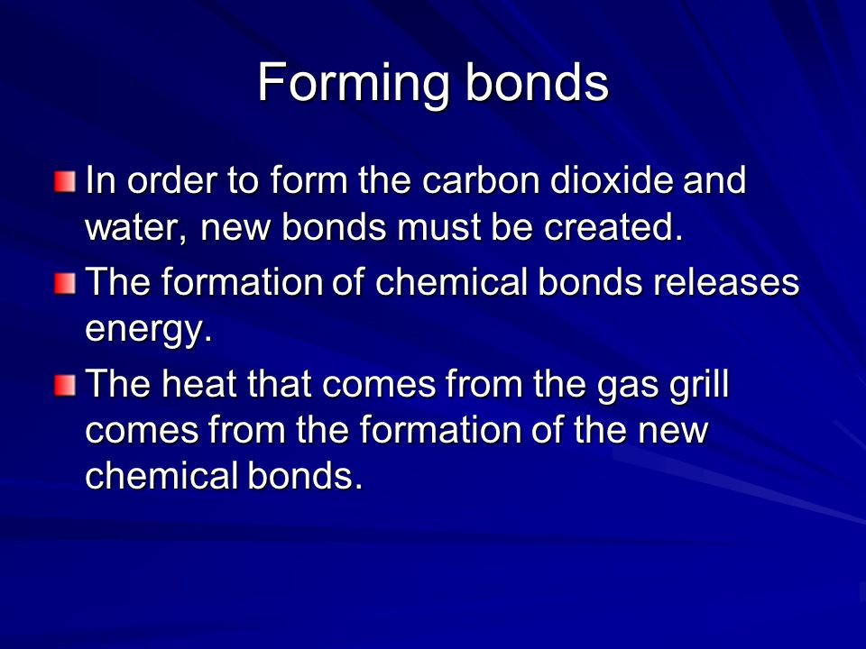 Forming bonds In order to form the carbon dioxide and water, new bonds must be created.