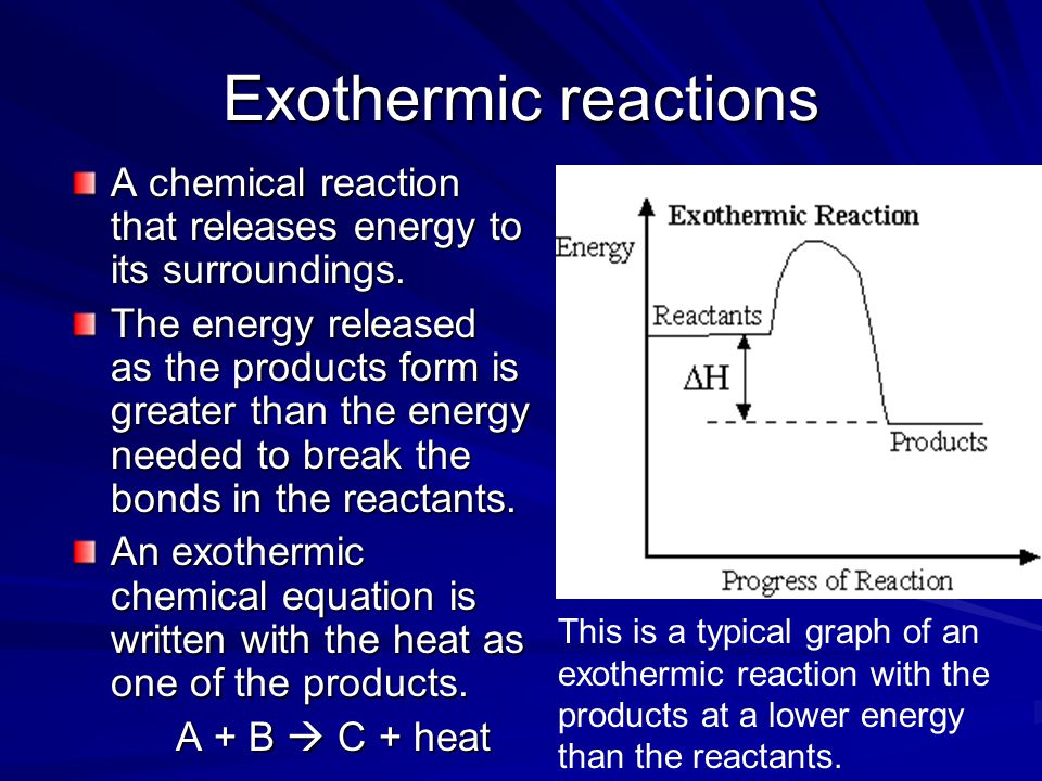 Exothermic reactions A chemical reaction that releases energy to its surroundings.