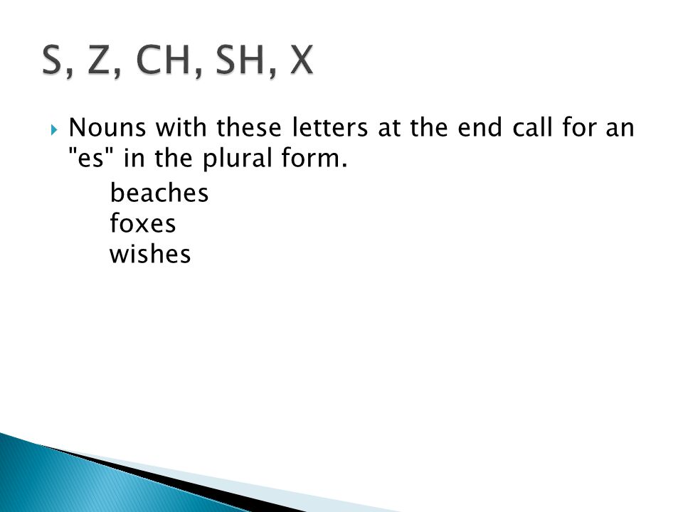  Nouns with these letters at the end call for an es in the plural form. beaches foxes wishes