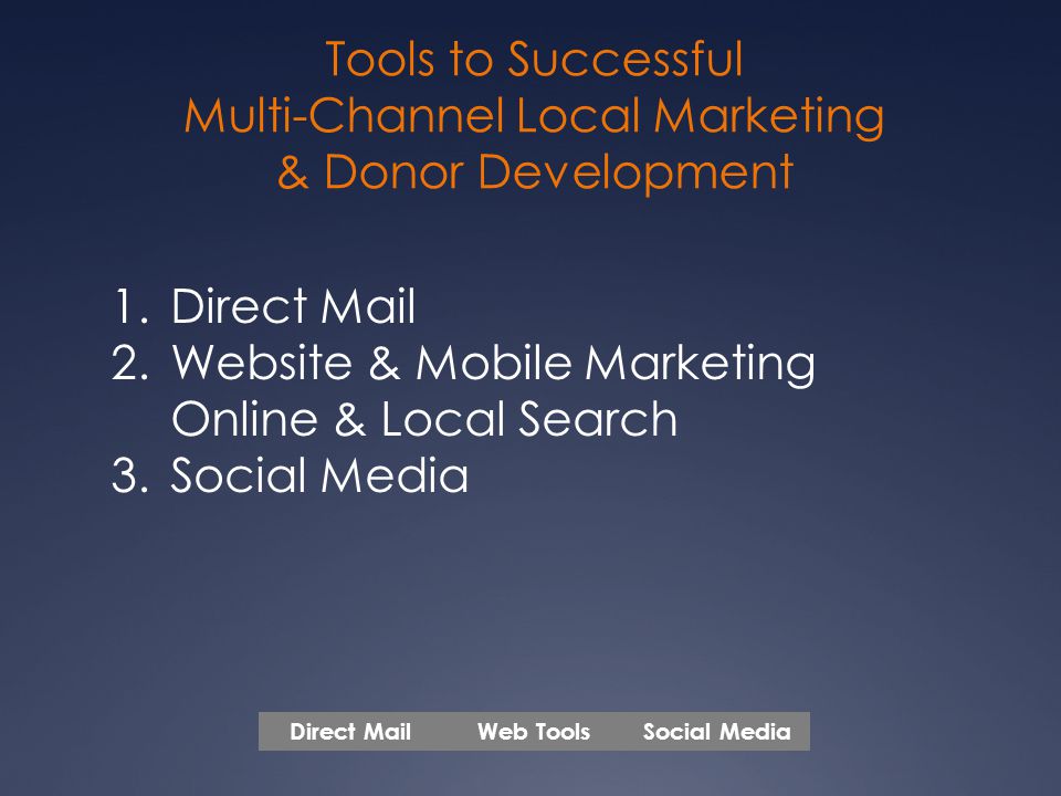 Tools to Successful Multi-Channel Local Marketing & Donor Development 1.Direct Mail 2.Website & Mobile Marketing Online & Local Search 3.Social Media Web ToolsSocial MediaDirect Mail