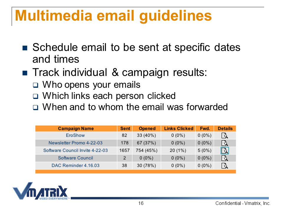 Confidential - Vmatrix, Inc.16 Multimedia  guidelines Schedule  to be sent at specific dates and times Track individual & campaign results:  Who opens your  s  Which links each person clicked  When and to whom the  was forwarded