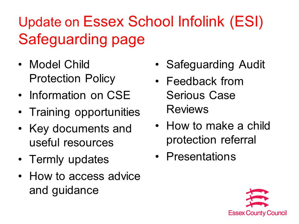 Update on Essex School Infolink (ESI) Safeguarding page Model Child Protection Policy Information on CSE Training opportunities Key documents and useful resources Termly updates How to access advice and guidance Safeguarding Audit Feedback from Serious Case Reviews How to make a child protection referral Presentations