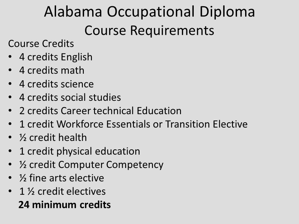 Alabama Occupational Diploma Course Requirements Course Credits 4 credits English 4 credits math 4 credits science 4 credits social studies 2 credits Career technical Education 1 credit Workforce Essentials or Transition Elective ½ credit health 1 credit physical education ½ credit Computer Competency ½ fine arts elective 1 ½ credit electives 24 minimum credits