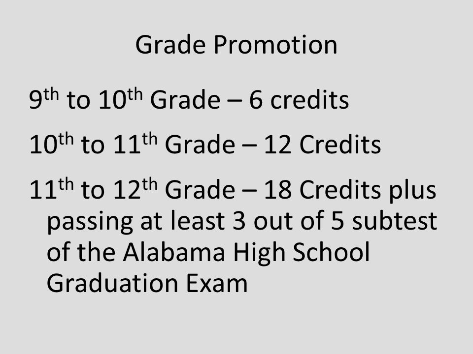 Grade Promotion 9 th to 10 th Grade – 6 credits 10 th to 11 th Grade – 12 Credits 11 th to 12 th Grade – 18 Credits plus passing at least 3 out of 5 subtest of the Alabama High School Graduation Exam