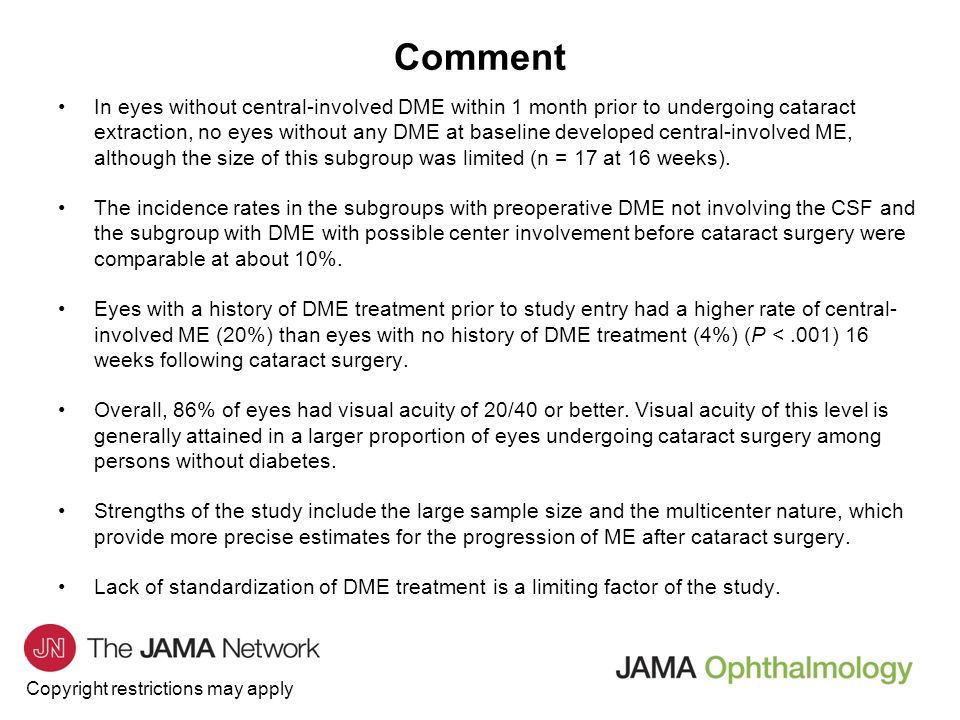 Copyright restrictions may apply In eyes without central-involved DME within 1 month prior to undergoing cataract extraction, no eyes without any DME at baseline developed central-involved ME, although the size of this subgroup was limited (n = 17 at 16 weeks).