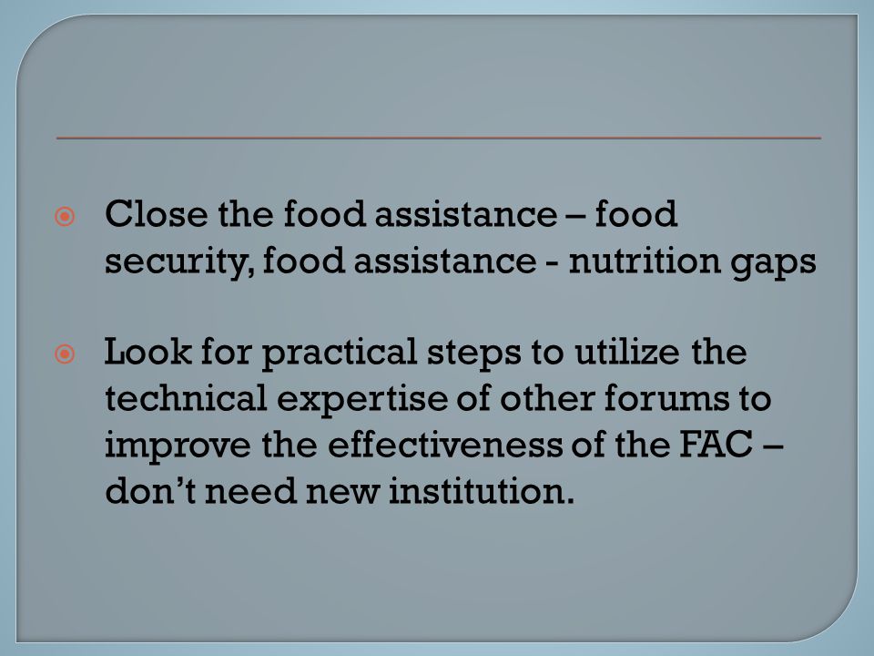  Close the food assistance – food security, food assistance - nutrition gaps  Look for practical steps to utilize the technical expertise of other forums to improve the effectiveness of the FAC – don’t need new institution.