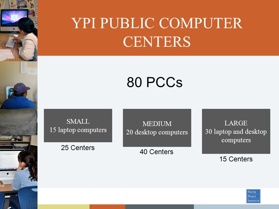 YPI PUBLIC COMPUTER CENTERS SMALL 15 laptop computers MEDIUM 20 desktop computers LARGE 30 laptop and desktop computers 25 Centers 40 Centers 15 Centers 80 PCCs