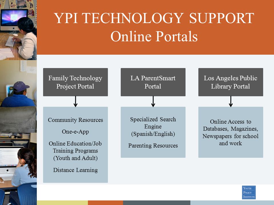YPI TECHNOLOGY SUPPORT Online Portals LA ParentSmart Portal Specialized Search Engine (Spanish/English) Parenting Resources Los Angeles Public Library Portal Family Technology Project Portal Community Resources One-e-App Online Education/Job Training Programs (Youth and Adult) Distance Learning Online Access to Databases, Magazines, Newspapers for school and work