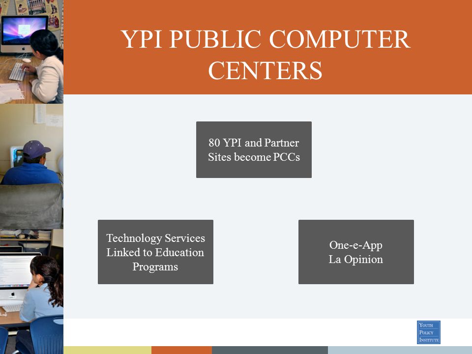 YPI PUBLIC COMPUTER CENTERS 80 YPI and Partner Sites become PCCs Technology Services Linked to Education Programs One-e-App La Opinion