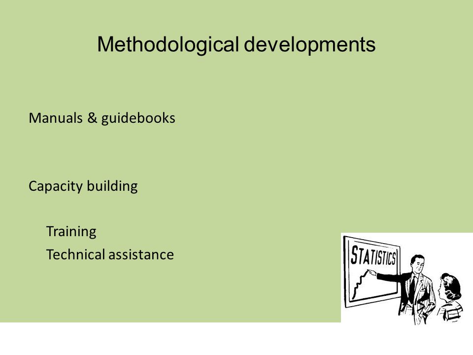 Methodological developments Manuals & guidebooks Capacity building Training Technical assistance