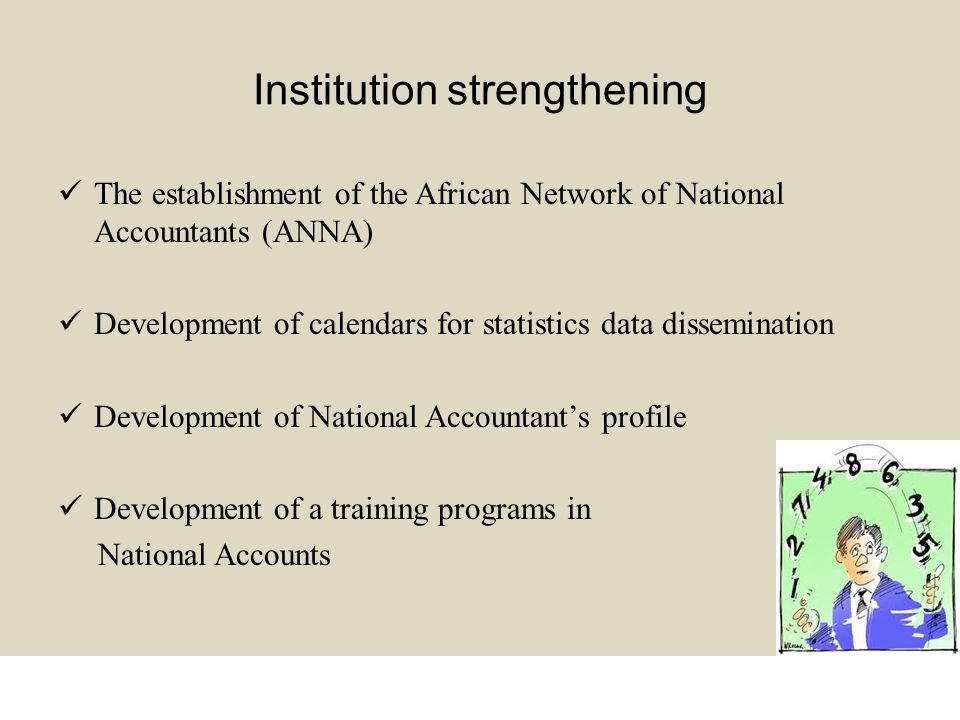 Institution strengthening The establishment of the African Network of National Accountants (ANNA) Development of calendars for statistics data dissemination Development of National Accountant’s profile Development of a training programs in National Accounts