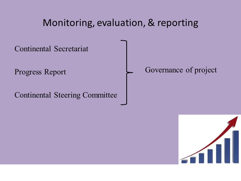 Monitoring, evaluation, & reporting Continental Secretariat Progress Report Continental Steering Committee Governance of project