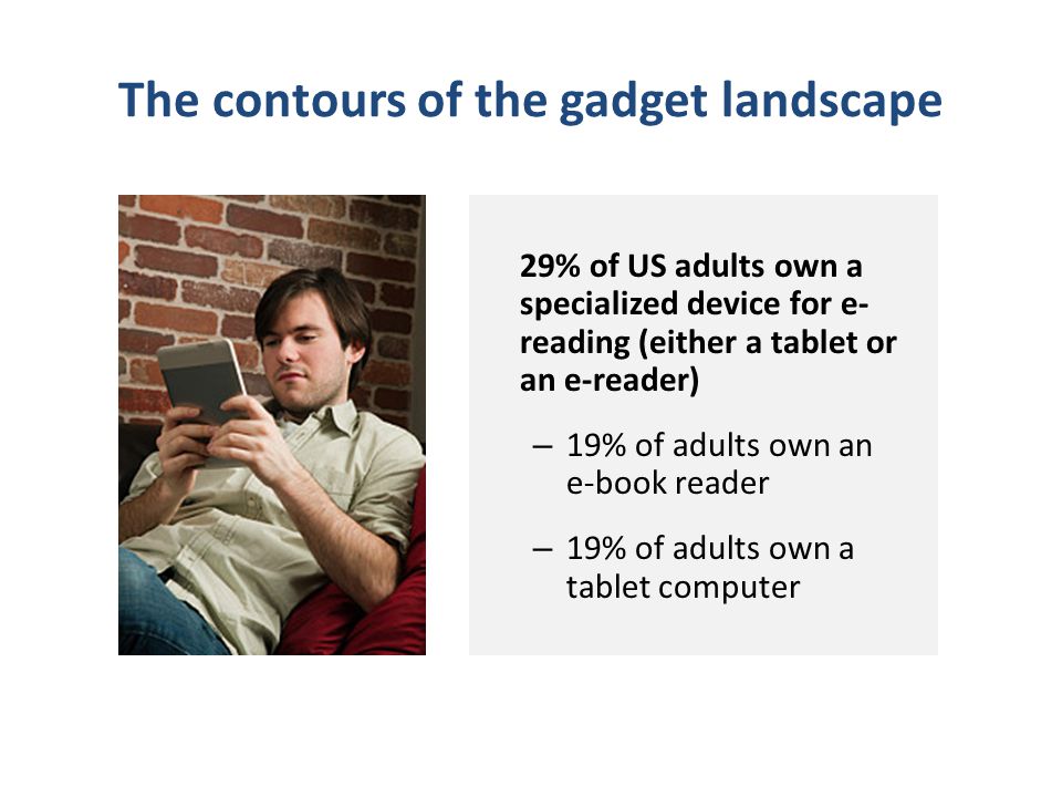 The contours of the gadget landscape 29% of US adults own a specialized device for e- reading (either a tablet or an e-reader) – 19% of adults own an e-book reader – 19% of adults own a tablet computer