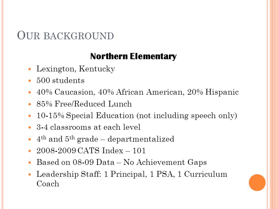 O UR BACKGROUND Northern Elementary Lexington, Kentucky 500 students 40% Caucasion, 40% African American, 20% Hispanic 85% Free/Reduced Lunch 10-15% Special Education (not including speech only) 3-4 classrooms at each level 4 th and 5 th grade – departmentalized CATS Index – 101 Based on Data – No Achievement Gaps Leadership Staff: 1 Principal, 1 PSA, 1 Curriculum Coach