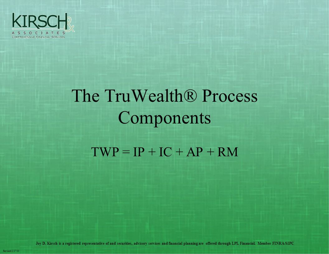 Revised 2/27/03 The TruWealth® Process Components TWP = IP + IC + AP + RM Joy D.