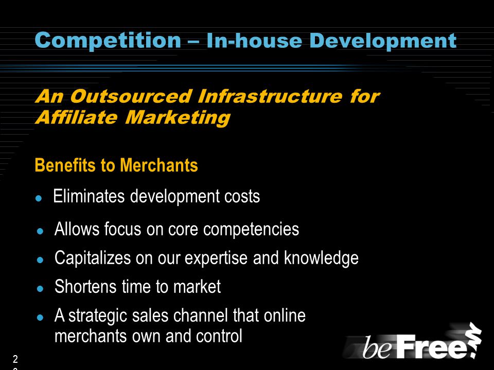 2020 Competition – In-house Development An Outsourced Infrastructure for Affiliate Marketing Benefits to Merchants l Eliminates development costs l Allows focus on core competencies l Capitalizes on our expertise and knowledge l Shortens time to market l A strategic sales channel that online merchants own and control