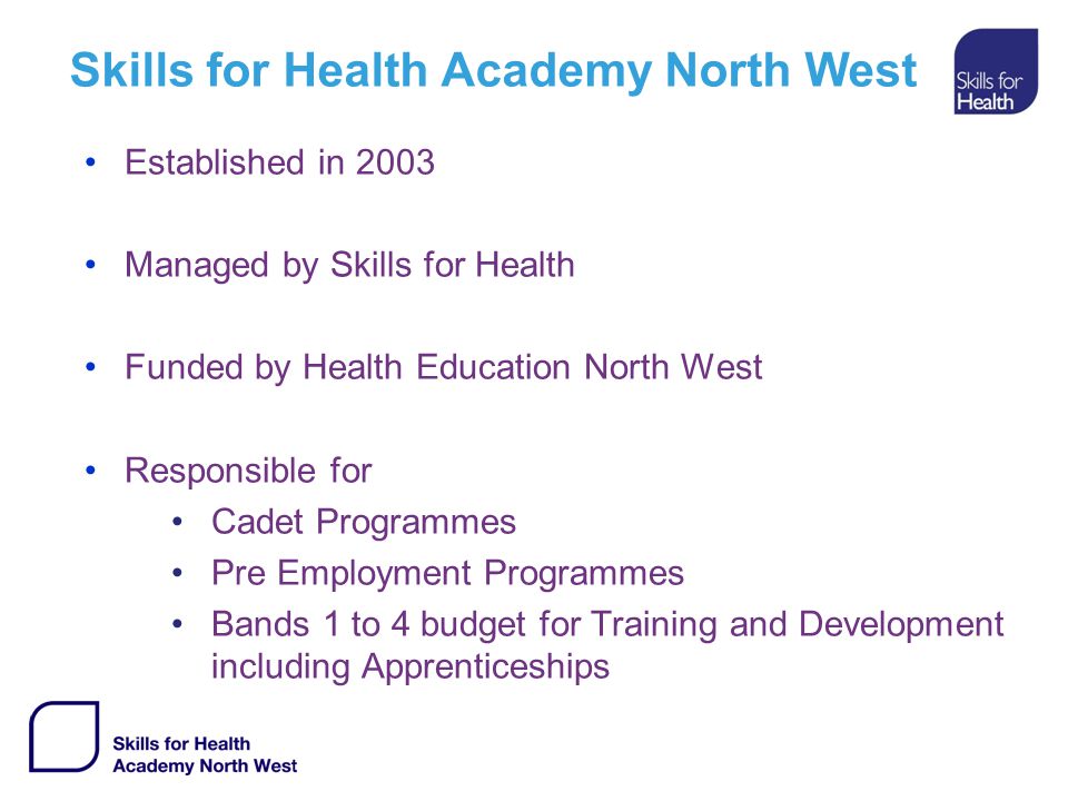 Established in 2003 Managed by Skills for Health Funded by Health Education North West Responsible for Cadet Programmes Pre Employment Programmes Bands 1 to 4 budget for Training and Development including Apprenticeships