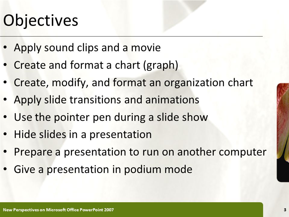 XP Objectives Apply sound clips and a movie Create and format a chart (graph) Create, modify, and format an organization chart Apply slide transitions and animations Use the pointer pen during a slide show Hide slides in a presentation Prepare a presentation to run on another computer Give a presentation in podium mode New Perspectives on Microsoft Office PowerPoint 20073