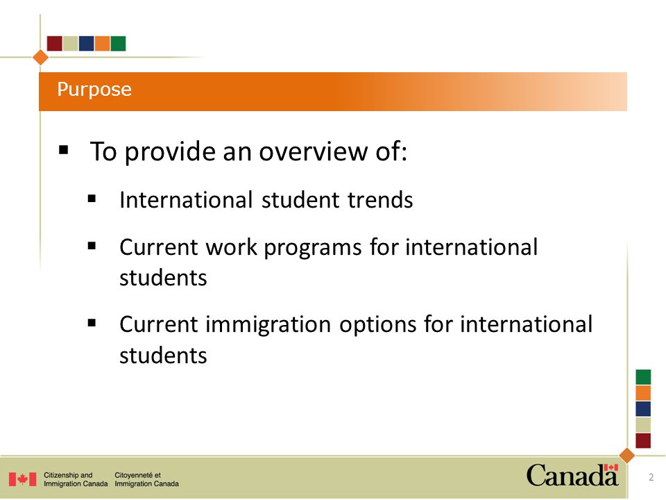  To provide an overview of:  International student trends  Current work programs for international students  Current immigration options for international students Purpose 2