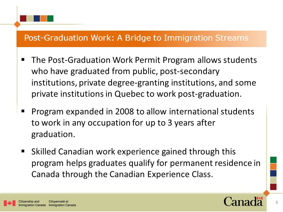 8 Post-Graduation Work: A Bridge to Immigration Streams  The Post-Graduation Work Permit Program allows students who have graduated from public, post-secondary institutions, private degree-granting institutions, and some private institutions in Quebec to work post-graduation.