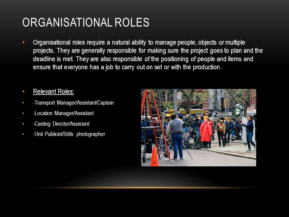 ORGANISATIONAL ROLES Organisational roles require a natural ability to manage people, objects or multiple projects.