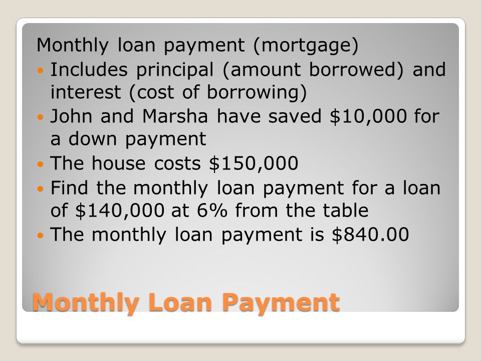 Monthly Loan Payment Monthly loan payment (mortgage) Includes principal (amount borrowed) and interest (cost of borrowing) John and Marsha have saved $10,000 for a down payment The house costs $150,000 Find the monthly loan payment for a loan of $140,000 at 6% from the table The monthly loan payment is $840.00