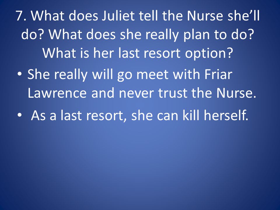 7. What does Juliet tell the Nurse she’ll do. What does she really plan to do.