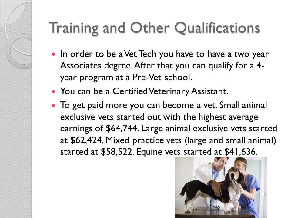 Training and Other Qualifications In order to be a Vet Tech you have to have a two year Associates degree.