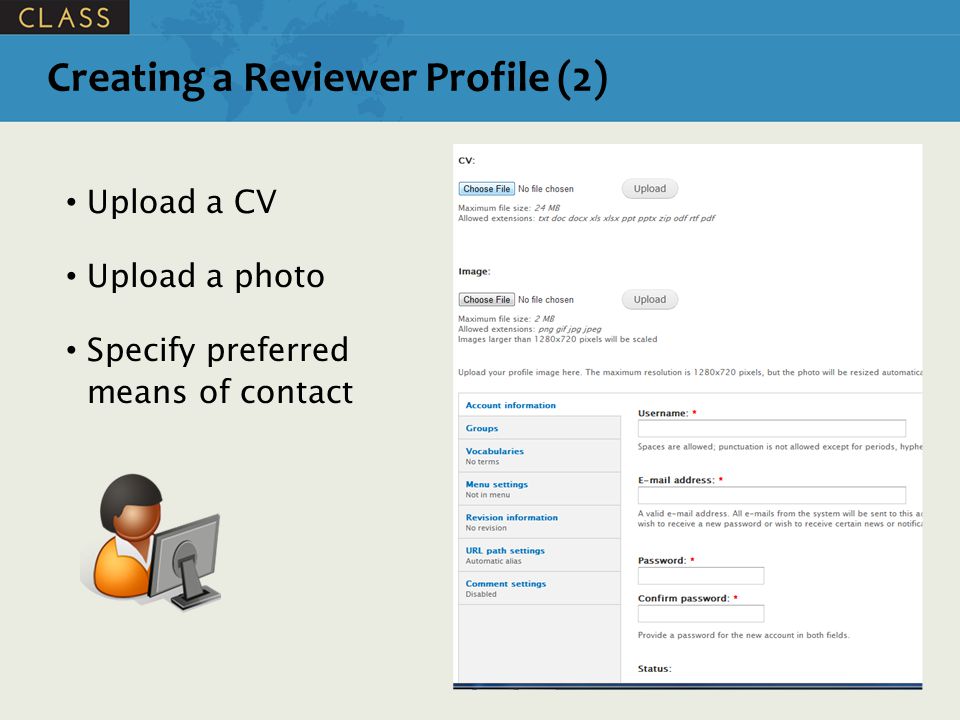 Upload a CV Upload a photo Specify preferred means of contact Creating a Reviewer Profile (2)