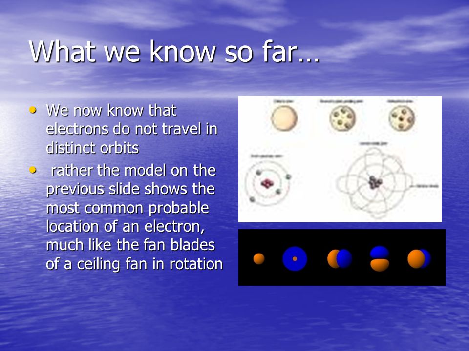What we know so far… We now know that electrons do not travel in distinct orbits We now know that electrons do not travel in distinct orbits rather the model on the previous slide shows the most common probable location of an electron, much like the fan blades of a ceiling fan in rotation rather the model on the previous slide shows the most common probable location of an electron, much like the fan blades of a ceiling fan in rotation