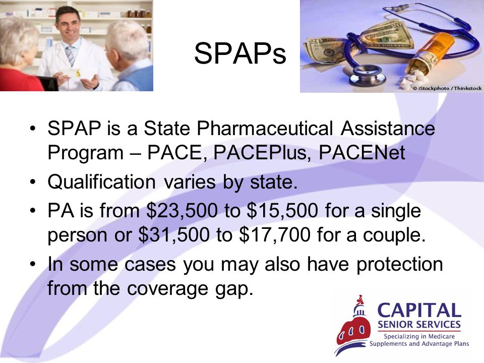 SPAPs SPAP is a State Pharmaceutical Assistance Program – PACE, PACEPlus, PACENet Qualification varies by state.