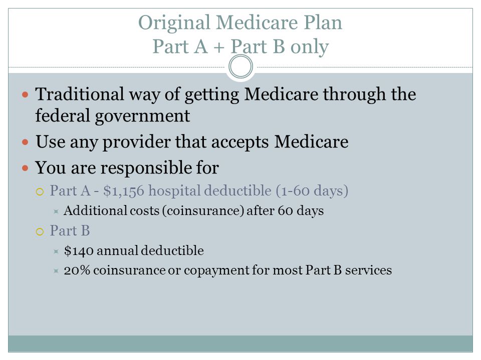 Original Medicare Plan Part A + Part B only Traditional way of getting Medicare through the federal government Use any provider that accepts Medicare You are responsible for  Part A - $1,156 hospital deductible (1-60 days)  Additional costs (coinsurance) after 60 days  Part B  $140 annual deductible  20% coinsurance or copayment for most Part B services