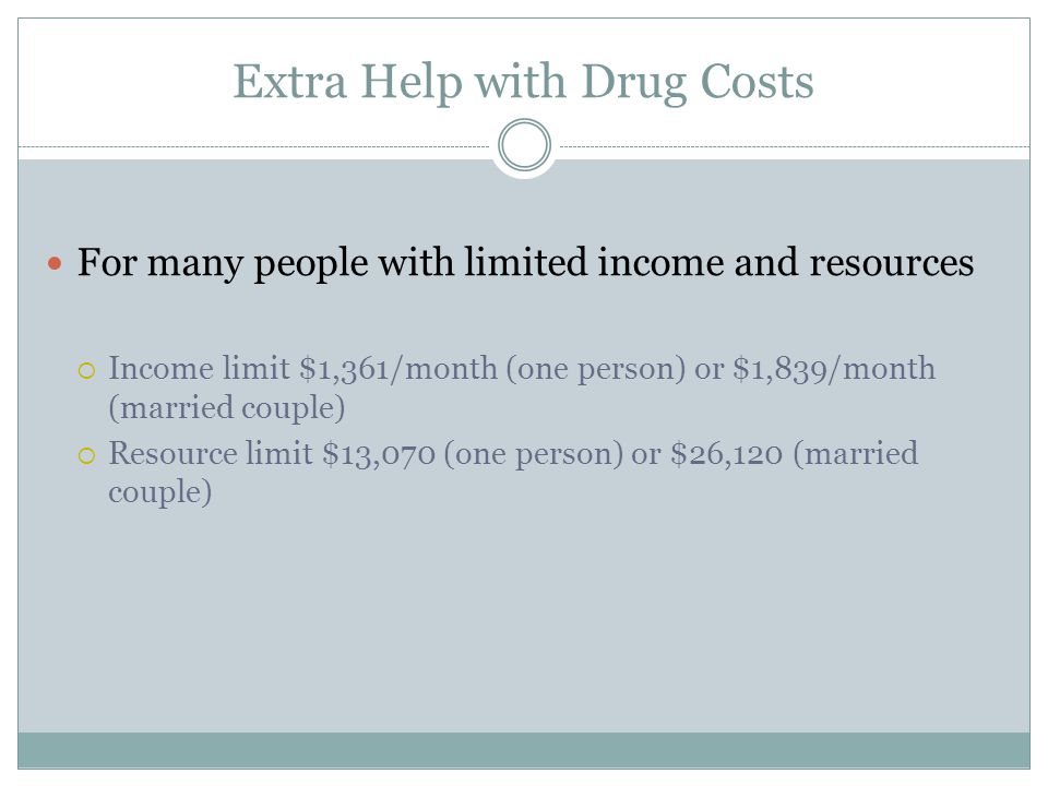 Extra Help with Drug Costs For many people with limited income and resources  Income limit $1,361/month (one person) or $1,839/month (married couple)  Resource limit $13,070 (one person) or $26,120 (married couple)
