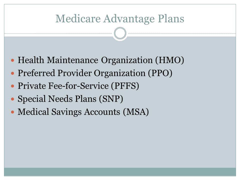 Medicare Advantage Plans Health Maintenance Organization (HMO) Preferred Provider Organization (PPO) Private Fee-for-Service (PFFS) Special Needs Plans (SNP) Medical Savings Accounts (MSA)