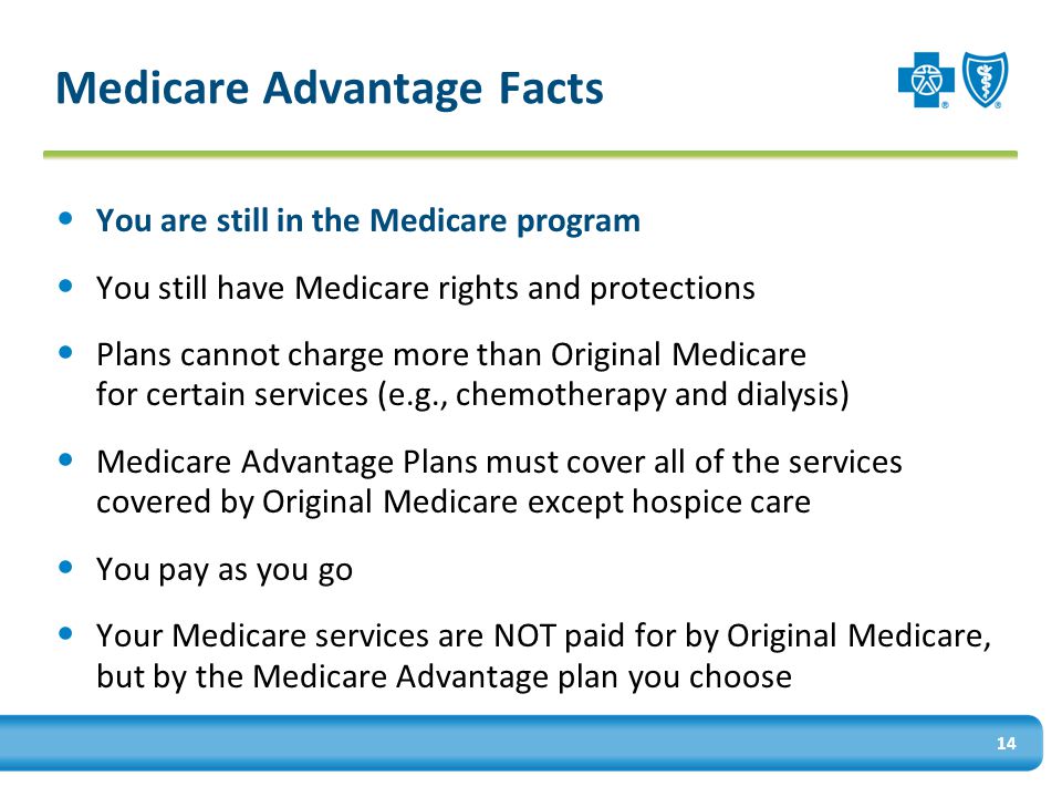 Medicare Advantage Facts You are still in the Medicare program You still have Medicare rights and protections Plans cannot charge more than Original Medicare for certain services (e.g., chemotherapy and dialysis) Medicare Advantage Plans must cover all of the services covered by Original Medicare except hospice care You pay as you go Your Medicare services are NOT paid for by Original Medicare, but by the Medicare Advantage plan you choose 14